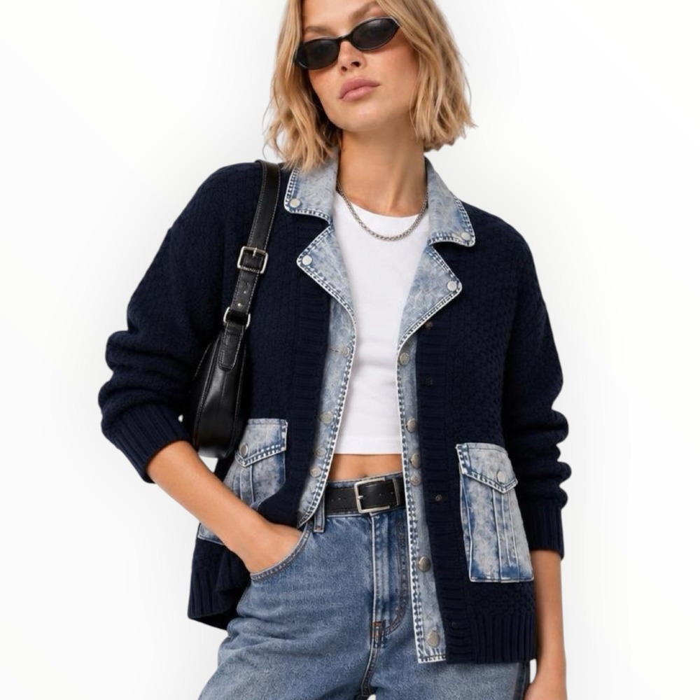 [BLANKNYC] Cardigan Sweater Womens S Navy Blue Denim Trim Mixed Media Cardigan